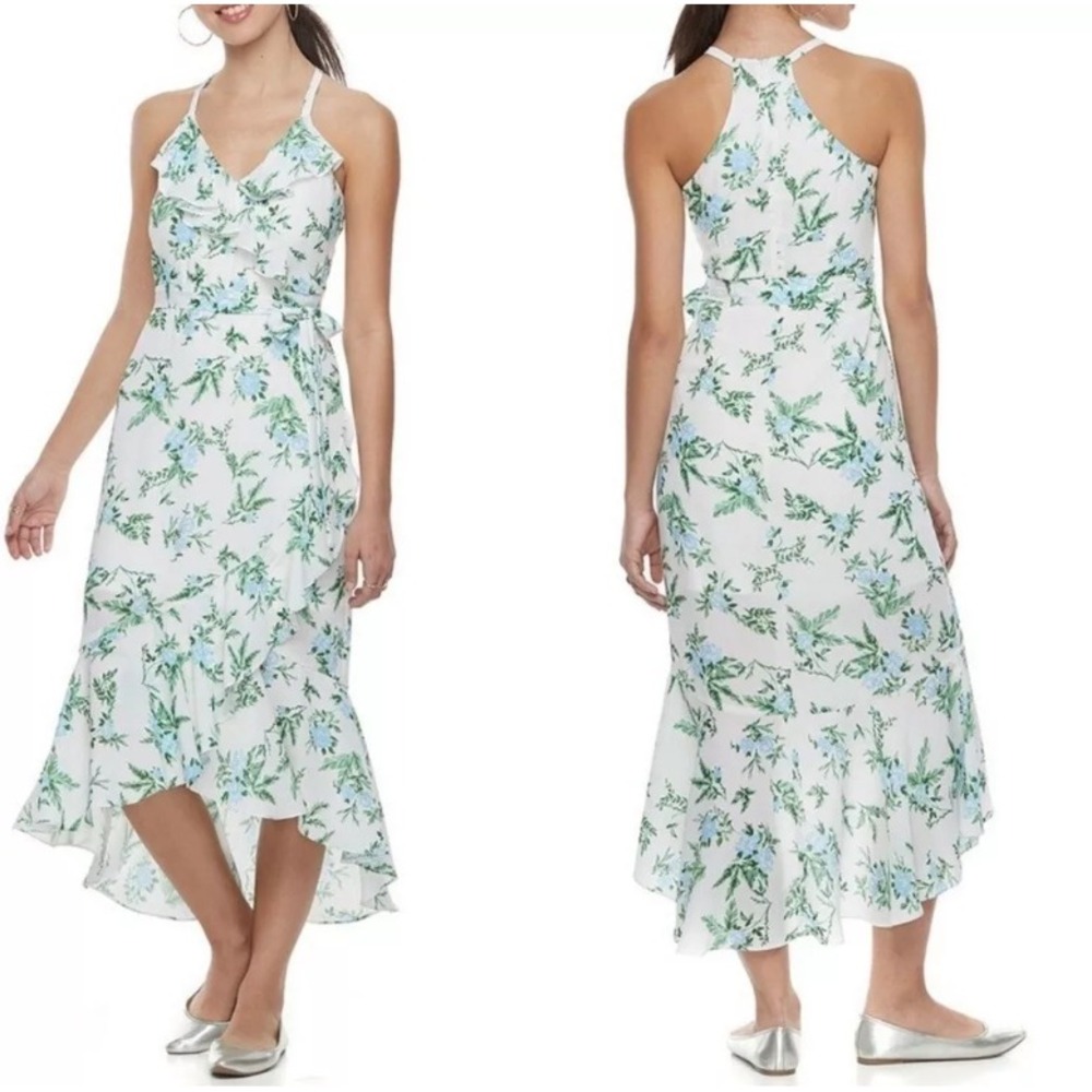 Disney Princess Midi Dress Women S White Floral Faux Wrap Ruffle Garden Feminine